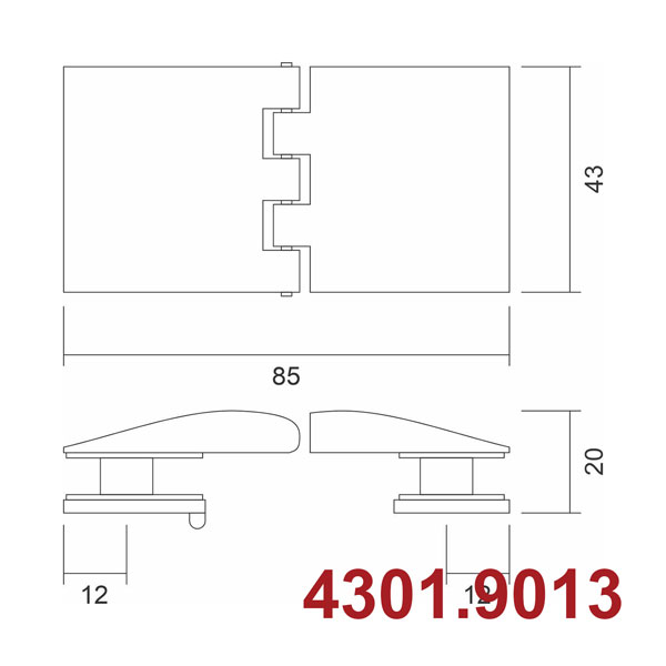 Bản lề tủ kính 180o, KT: 45x90mm, kính 5~8mm - Mạ Nikel mờ