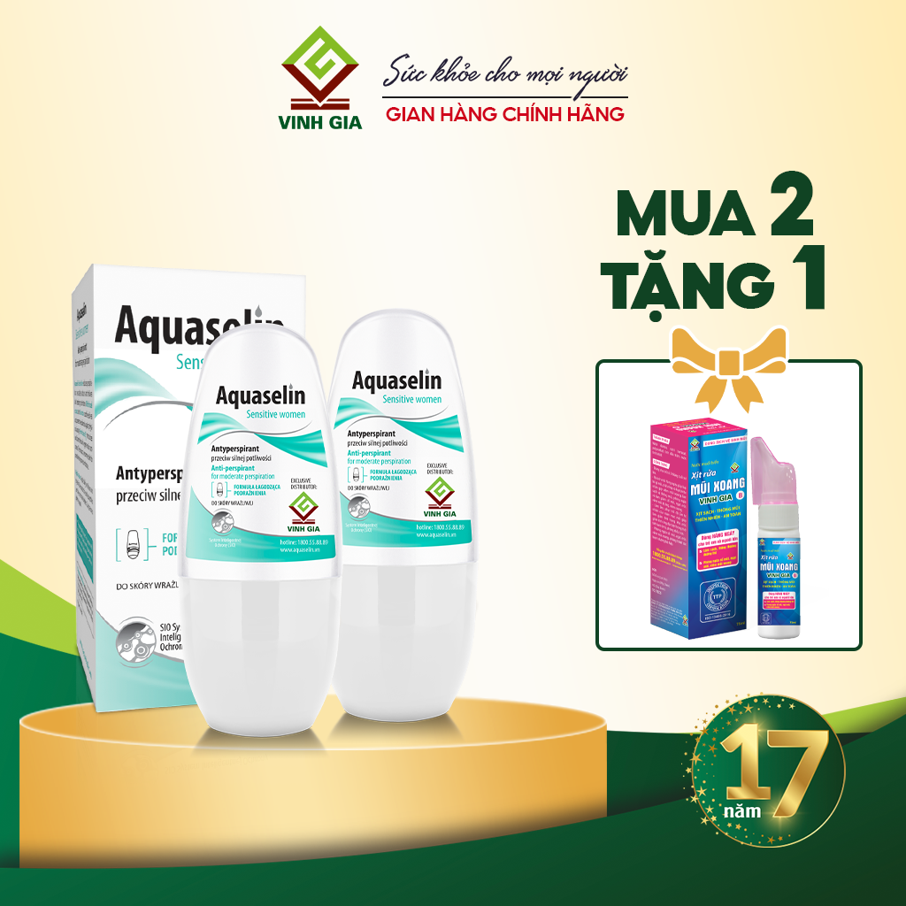 Combo 2 Lăn Khử Mùi AQUASELIN Sensitive Women Không Gây Thâm Nách, Ố Vàng Áo - 50ml