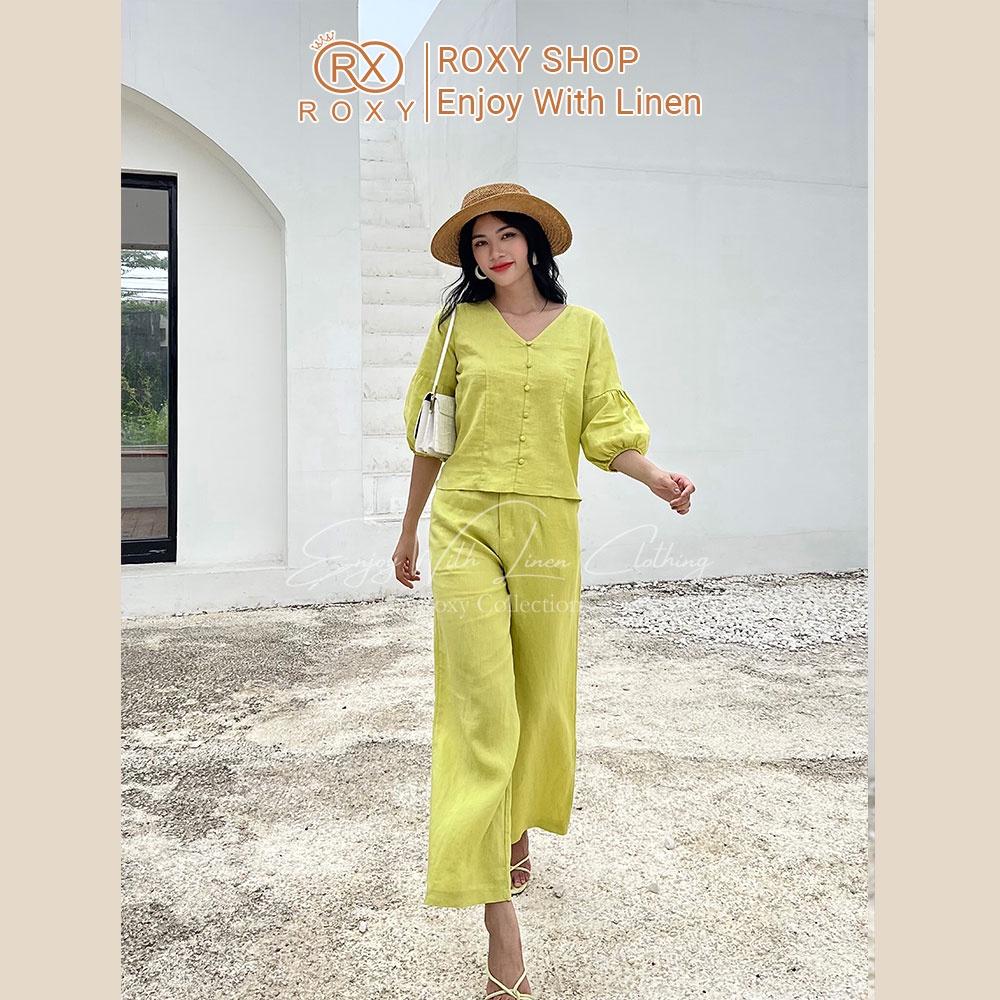 Set Bộ Linen Áo Tay Dài Cổ Tim Tay Dài Bo Chun Phối Quần Ống Suông