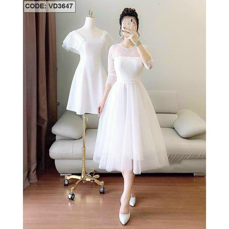 Đầm trắng ren xoè dự tiệc kèm dây buộc eo