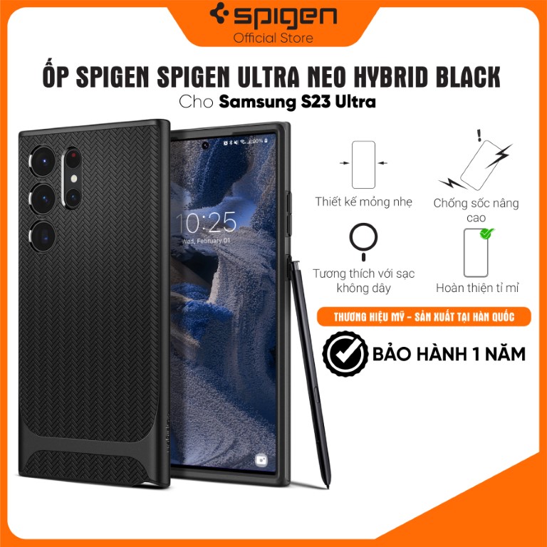 ỐP lưng Spigen Ultra Neo Hybrid cho Samsung Galaxy S23 Ultra - Thiết kế mỏng nhẹ, chống sốc, hỗ trợ sạc không dây, chống bẩn, viền camera cao - Hàng chính hãng