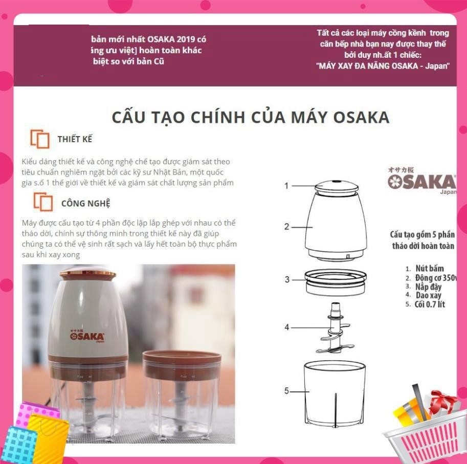 Máy xay sinh tố, máy xay thịt, xay tỏi ớt mini OSAKA đa năng 750ml - Máy say sinh tố mini cầm tay - Hàng chính hãng