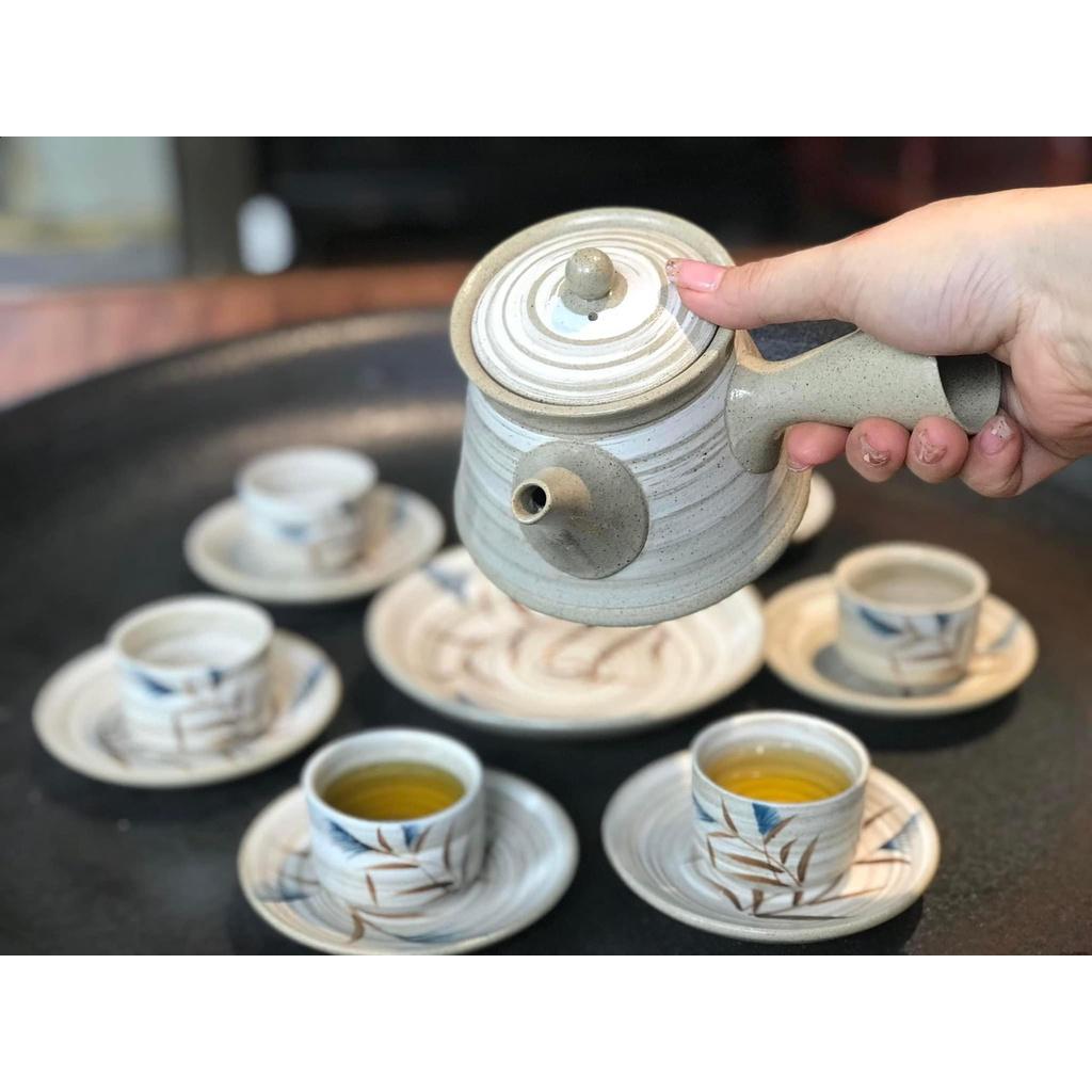 Bộ ấm trà hồng sa quai ngang họa tiết hương lúa mới