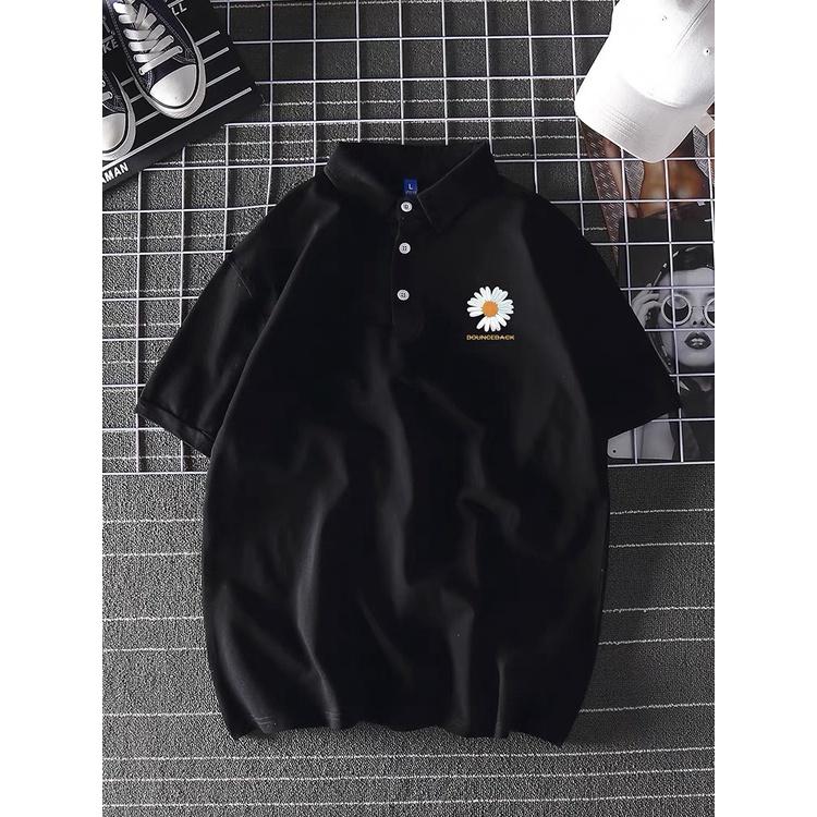 Áo polo nam nữ thêu hoa cúc và thêu chữ trước ngực, chất cotton thâm hút mồ hôi, áo cổ bẻ