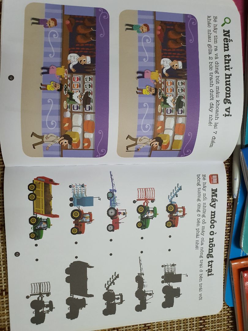 sách in màu đẹp lắm, trò chơi đa đạng, hay: tìm đường, tô màu, dán hình, tìm điểm khác nhau... bé mình gần 4 tuổi và thích chơi lắm.