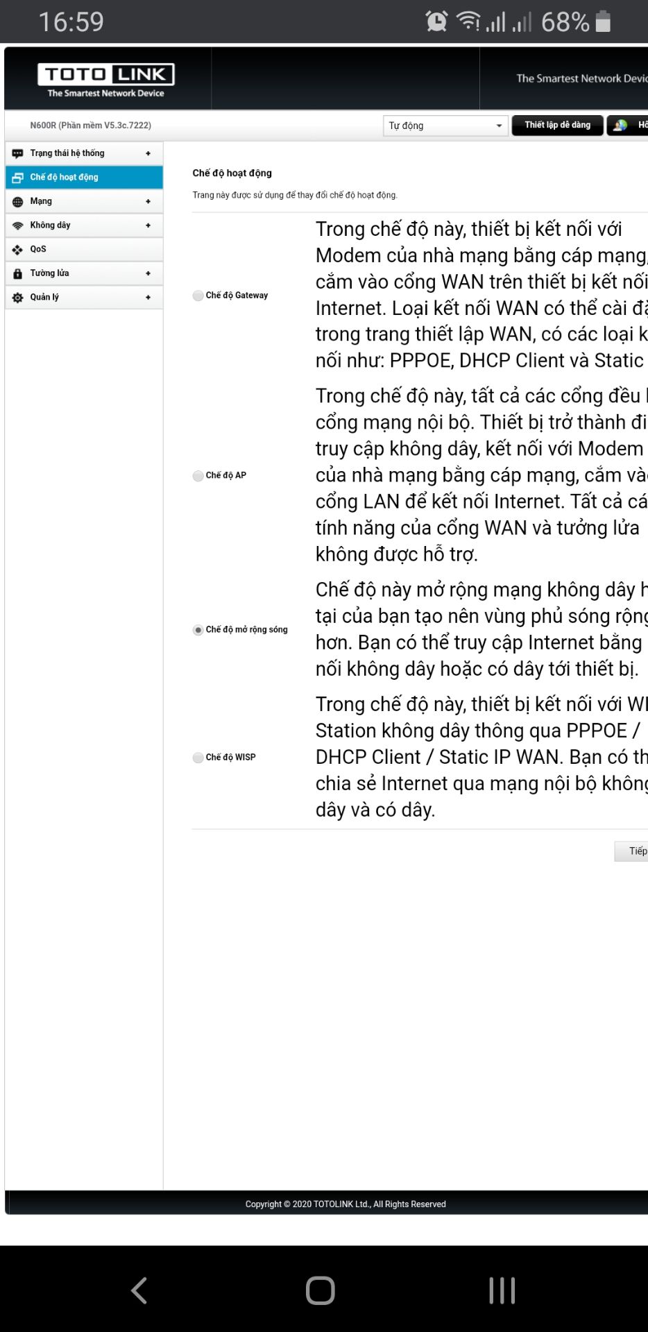 M mới nhận được hàng, cài đặt thấy wifi phát sóng rất khoẻ. Cái này có cả chế độ thu, phát lại wifi (dùng để mở rộng sóng wifi được) nhé, chứ ko như mấy ông admin *** ngơ (chả biết m gì) trả lời ở dưới là ko thu, phát wifi. Nói chung là 1sp dùng tốt, sóng khoẻ.