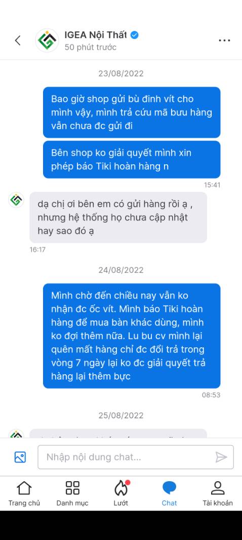 Dịch vụ khách hàng không tốt, giao hàng không đi kèm 1 con ốc vít nào, báo với shop và shop báo đã lên đơn gửi Viettel, rồi với lứa do thứ 7, chủ nhật rồi Viettel chưa lấy hàng. Đến khi mình báo lên Tiki nếu không giải quyết vấn đề bù ốc vít sớm mình sẽ trả hàng mới bắt đầu xử lý gửi hàng thiếu. Nói chung là đang định mua thêm sản phẩm nhưng với cách làm việc mà lỗi sai cỉa shop nhưng kh phải liên hệ hối thúc thì mới giải quyết thì sẽ không mua hàng thêm lần nào nữa.