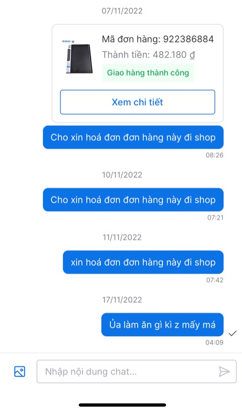 Shop ko xuất hoá đơn, nhắn tin không trả lời nhiều lần