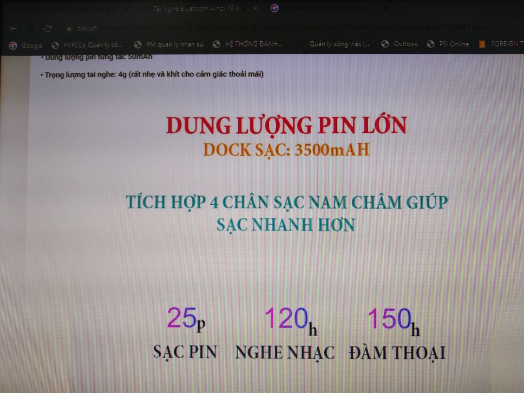 Shop và tiki giao hàng nhanh, sản phẩm chỉ mức bình thường. Thông tin miêu tả trên tiki ko đúng thực tế. Cụ thể: Trong User Manual không tìm thấy thông tin dock sạc là 3500mah, thậm chí không biết cụ thể là bao nhiêu mah luôn và chân sạc chỉ có 2 chân nam châm chứ không phải là 4 chân như đã miêu tả. Các bạn lưu ý tai nghe này chỉ đàm thoại 1 bên thôi.
