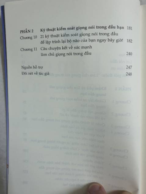 Mục lục sách có tiêu đề mình thấy khá thú vị! Các chương đầu của sách sẽ làm rõ các nguyên nhân hình thành giọng nói trong đầu, ảnh hưởng của nó đến đời sống cũng như công việc. Còn về 2 chương cuối là nói về các thủ thuật để kiểm soát nó. Riêng mình thấy khá hữu ích và thực tế, các bạn có thể tham khảo.