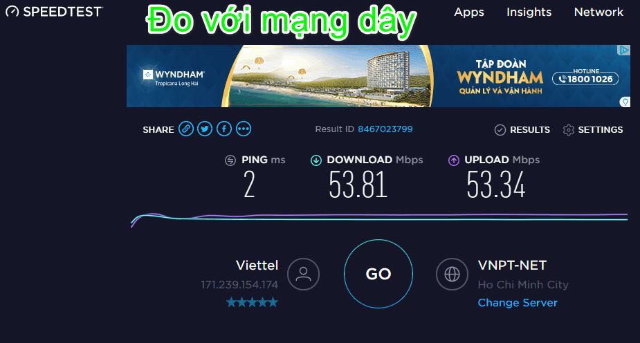 Hôm nay test thử sự KHÁC BIỆT tốc độ mạng nhà mình (Sử dụng công cụ speedtest.net) khi xài mạng dây và khi kết nối bằng USB Wifi TP-Link TL-WN822N. Đây là kết quả chi tiết:
 Mạng dây Viettel:
 Download: 53.81 Mbps, Upload: 53.34 Mbps
 USB Wifi - Anten xếp lại:
 Download: 30.21 Mbps, Upload 34.11 Mbps
 USB Wifi - Anten mở ra:
 Download: 35.30 Mbps, Upload 39.99 Mbps Hôm nay test thử sự KHÁC BIỆT tốc độ mạng nhà mình (Sử dụng công cụ speedtest.net) khi xài mạng dây và khi kết nối bằng USB Wifi TP-Link TL-WN822N. Đây là kết quả chi tiết:
 Mạng dây Viettel:
 Download: 53.81 Mbps, Upload: 53.34 Mbps
 USB Wifi - Anten xếp lại:
 Download: 30.21 Mbps, Upload 34.11 Mbps
 USB Wifi - Anten mở ra:
 Download: 35.30 Mbps, Upload 39.99 Mbps