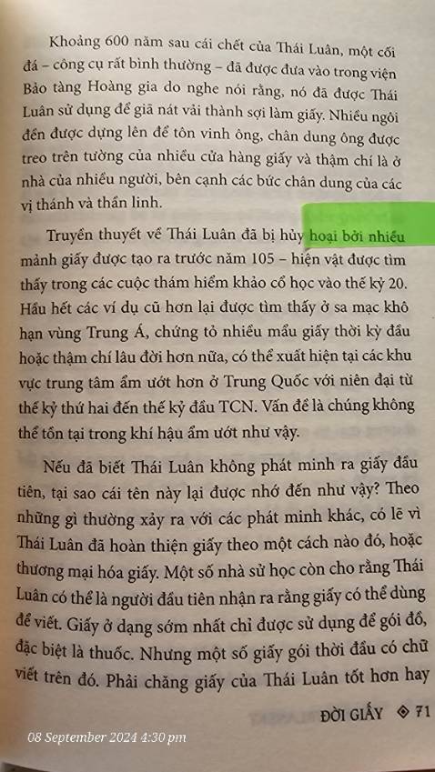 Một quyển sách cực kì hay. Kết nối được lịch sử thế giới với lịch sử chữ viết, ngôn ngữ và giấy cũng như các loại giấy và công nghệ. Ngoài Trung Quốc thì người Ai Cập cũng có giấy cói và người Châu Mĩ cũng đã có 1 phát minh giấy riêng của mình là Tapa.