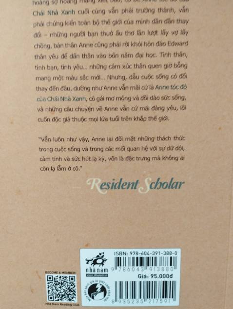 Mình săn sale được nên giá khá OK. Giao hàng siêu nhanh. Nội dung thì khỏi phải bàn vì Anne quá nổi tiếng rồi. Tuy nhiên về phần đóng gói chưa được cẩn thận lắm nên mình hi vọng Tiki sẽ rút kinh nghiệm