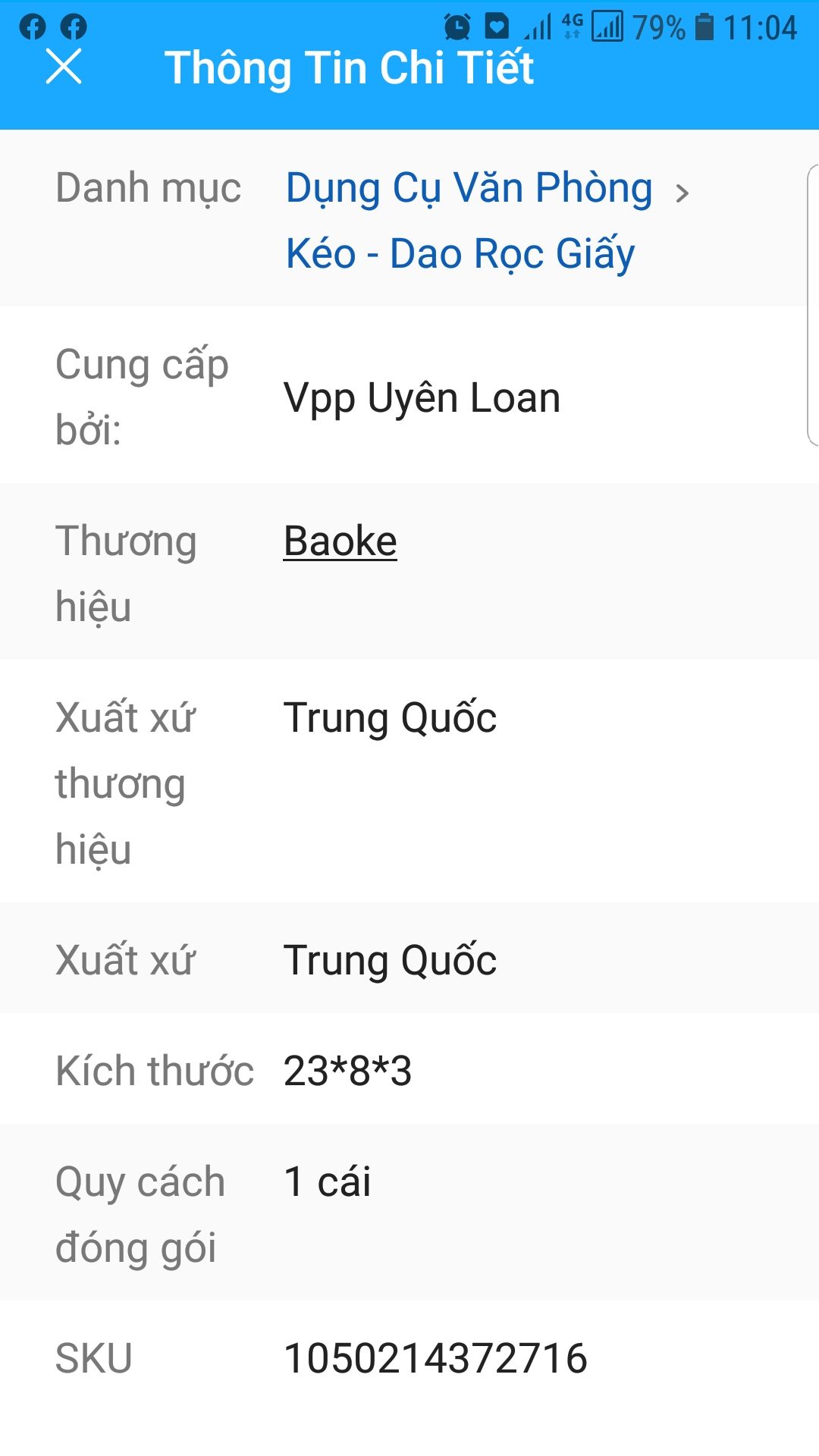 Shop gửi nhầm số rồi
mình đặt mua 1 cái kéo có chiều dài là 23cm nhưng mà shop giao sp này nhỏ lắm kg như mẫu trg đơn hàng