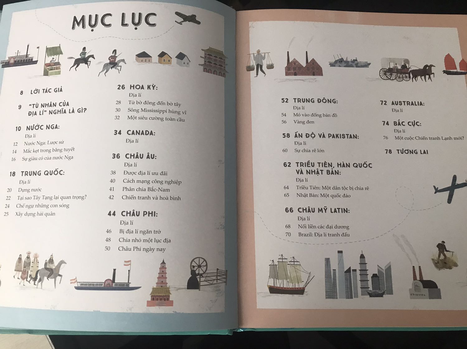 Sách minh hoạ siêu đẹp, nội dung rộng thể hiện vì sao các quốc gia lại phát triển theo hướng như vậy, dựa trên yếu tố địa lí, lịch sử. 
Cuốn này có thể không nhiều câu chuyện/ nội dung bằng cuốn Tù nhân địa lí bản chữ, nhưng minh hoạ trực quan giúp dễ hình dung hơn. Nếu đọc chữ không biết ở đâu luôn, không biết biển, đất, núi như thế nào.
Đọc mới biết với Trung Quốc, Tây Tạng rất quan trọng dù địa lí gồm nhiều núi hiểm trở, do đây là bắt nguồn 3 sông lớn: Mekong, Hoàng Hà, Dương Tử.
Đọc mới biết lịch sử của Mỹ cho thấy rõ ràng Mỹ rất giàu và hùng mạnh, nhiều việc chiếm lãnh thổ là do bỏ tiền ra mua đúng lúc. Nên bành trướng được.