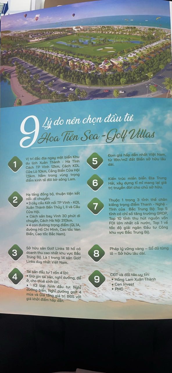 TP Hà Tĩnh đang trên đà phát triển mạnh mẽ từ nông nghiệp sang công nghiệp không khói.chính vì thế các ông lớn đang đầu tư và triển khai rất nhiều siêu dự án
- Vin Group: xd KĐT Hàm Nghi 142 Ha( Thạch Linh Hà Tĩnh)
-CĐT FLC : xd Khu du lịch Thiên Câm 1000 ha( sân golf 36 hố)
-Crytal Bay: xd công viên trung tâm& KĐT Lam Hồng 200ha , sân golf 18 hố...
Các ông lớn cùng nhau đầu tư phát triển một cách quy mô ,  chính vì thế  sẽ đẩy giá bđs Hà Tĩnh tăng nhanh và đột biến trong những năm tới.
Dự Án Hoa Tiên Paradise là một trong những dự án đi đầu, đón ngõ. Lh tư vấn: *** - Phương