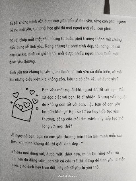 Đúng những điều cần
K lê thê dài dòng, 1 trang viết ngắn, 1 đoạn văn ngắn vậy thôi là đủ với mình
có nhiều hình vẽ dễ thương nữa
Sách hướng dẫn vẽ nhiều nhưng mình thì hiếm khi vẽ, có lẽ sẽ thử vào một lúc nào đó