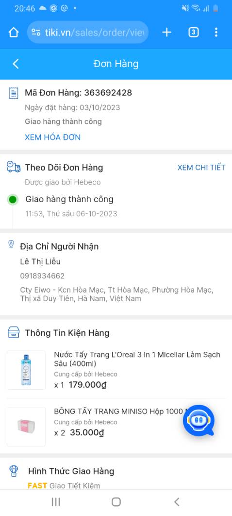 Đặt mua nước tẩy trang và bông tẩy trang nhưng giao thành bông tẩy trang và chì kẻ mắt