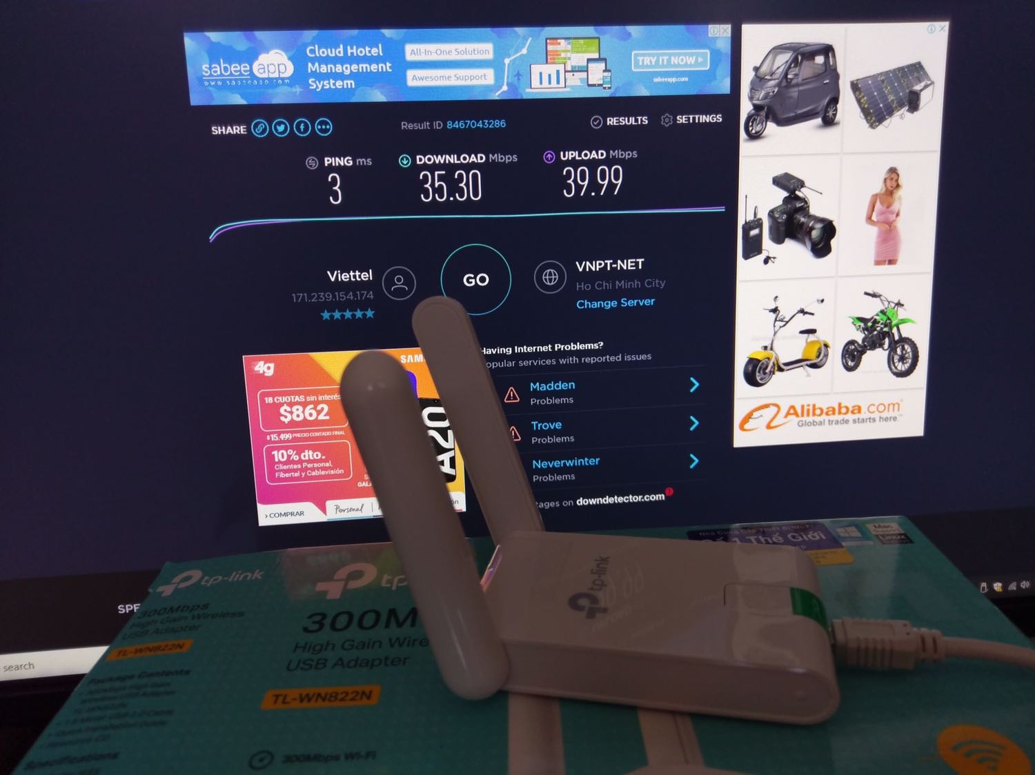 Hôm nay test thử sự KHÁC BIỆT tốc độ mạng nhà mình (Sử dụng công cụ speedtest.net) khi xài mạng dây và khi kết nối bằng USB Wifi TP-Link TL-WN822N. Đây là kết quả chi tiết:
 Mạng dây Viettel:
 Download: 53.81 Mbps, Upload: 53.34 Mbps
 USB Wifi - Anten xếp lại:
 Download: 30.21 Mbps, Upload 34.11 Mbps
 USB Wifi - Anten mở ra:
 Download: 35.30 Mbps, Upload 39.99 Mbps Hôm nay test thử sự KHÁC BIỆT tốc độ mạng nhà mình (Sử dụng công cụ speedtest.net) khi xài mạng dây và khi kết nối bằng USB Wifi TP-Link TL-WN822N. Đây là kết quả chi tiết:
 Mạng dây Viettel:
 Download: 53.81 Mbps, Upload: 53.34 Mbps
 USB Wifi - Anten xếp lại:
 Download: 30.21 Mbps, Upload 34.11 Mbps
 USB Wifi - Anten mở ra:
 Download: 35.30 Mbps, Upload 39.99 Mbps