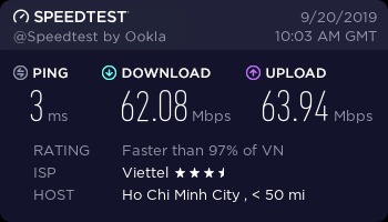 Connect rất nhanh, đầu tiên là tải app Tenda Wifi về rồi gắn dây mạng từ modem vào cổng WAN/LAN trên cục mesh thứ 1 (đặt làm mesh chính) là đc, những cục mesh phụ chỉ cần cắm điện vào là nó sẽ tự connect với nhau
Mình xài mạng Viettel 60 Mbps
Nói chung là mình hoàn toàn hài lòng với sản phẩm