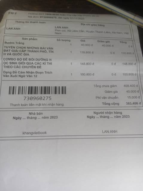 Sách thì đẹp ,giao hàng khá nhanh nhưng hóa đơn không đúng . Mình cộng tất cả hóa đơn là 369k nhưng bill lên đến 408k không biết cộng thêm phí gì nữa vậy shop.
