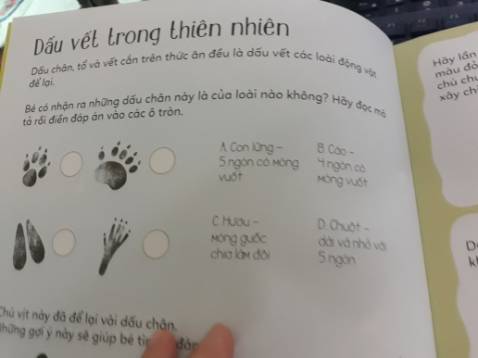 Sách màu in rõ khá đẹp có sticker , nêu 1 số ít trong rất nhiều thứ mình k biết và mình thấy ít gặp chim dẽ, chim cốc hoa violet, hoa cúc mát bò, hoa mao lương vàng, hoa mỏ hạc. Nội dung thì mình k thấy hứng thú và tương tác  chút nào.