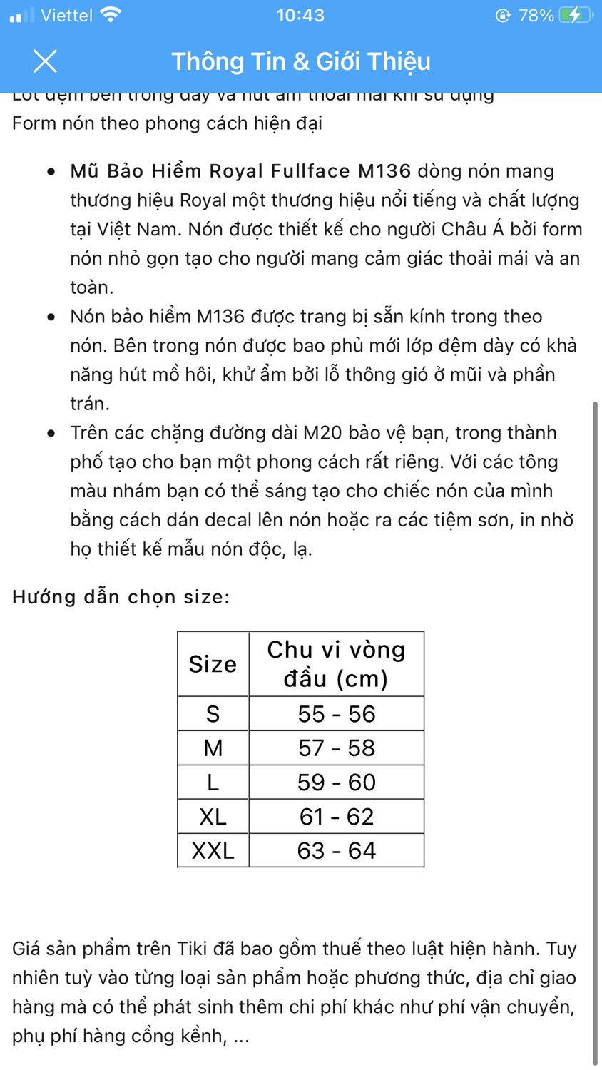 Size vòng đầu của mình là 59cm, mình đã đặt mũ size L theo hướng dẫn của shop, tuy nhiên sau khi nhận mũ và kiểm tra tem mình phát hiện ra những thông số ghi trong tem của mũ không giống với hướng dẫn chọn size của shop. Cụ thể là size L từ 55-56, size XL 57-58cm. Như vậy mình sẽ không thể đội vừa mũ này. Hi vọng shop hỗ trợ đổi size cho mình!