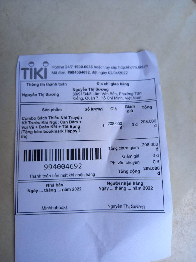 chị đặt mua combo sách thiếu nhi truyện kể trước khi ngủ cho bé, bên shop có ghi tặng kèm bookmark Happy Life, nhưng sao lúc nhận hàng lại ko có quà tặng vậy e
