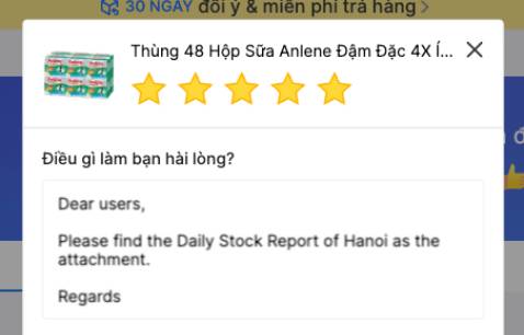 Dear users, 

Please find the Daily Stock Report of Hanoi as the attachment.

Regards