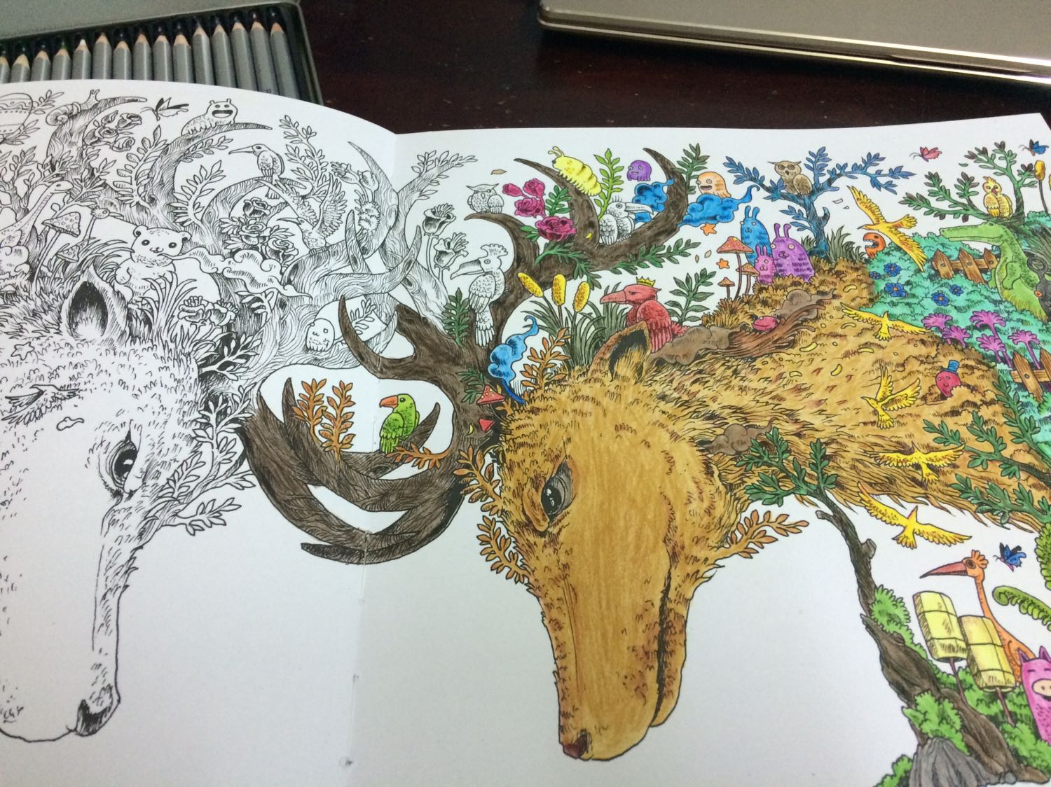 Sách đẹp cực các bạn ơi! Dù ko vui lắm tại me giảm giá hụt nhưng cực kỳ ưng ý với chất lượng luôn. Giấy dày, nét vẻ tỉ mỉ lắm. Tác giả dùng bút ngòi fine line vẽ mà, quá trời doodles tô không biết khi nào mới hết. Có mấy trang còn để chi tiết trắng cho mình vẽ thêm vào nữa. Sách đã dày, lại to còn lắm chi tiết, nên mình lặp lại, tô không thấy hồi kết :))) Cực hài lòng luôn ?