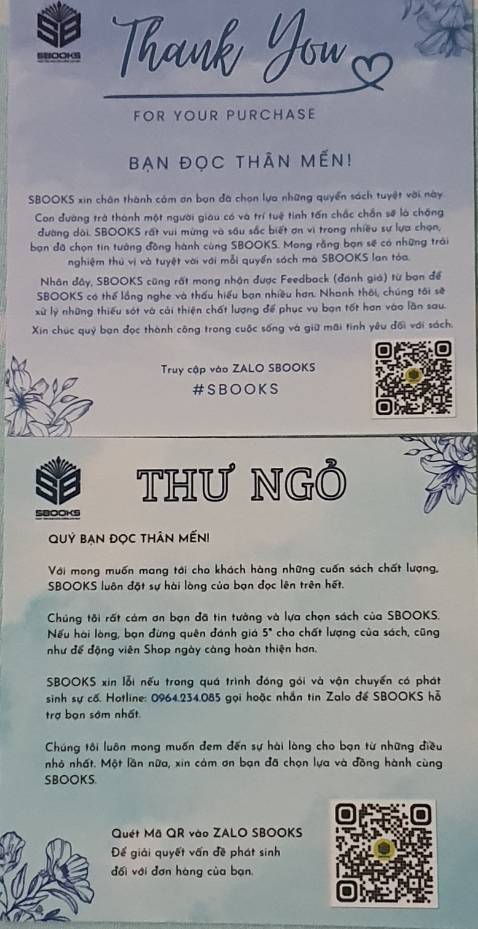 Cảm ơn anh shipper giao nhanh. Sách mới thơm mùi giấy rất thích. Có đính kèm tấm thiếp Cảm ơn. Thiết nghĩ nhà bán nào cũng nên làm như vậy. Nhỏ thôi nhưng khách hàng rất vui và tạo ấn tượng, mặc dù mình chưa đọc vào nội dung sách.