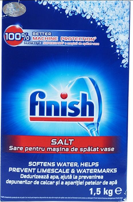 Đây là sản phẩm chuyên dụng dành cho máy rửa bát với công thức đặc biệt, sản xuất tại CHLB Đức đạt tiêu chuẩn EC trong việc xử lý nguồn nước giúp máy rửa bát họat động tốt và luôn được bảo vệ trước tác hại của các ion canxi magie có trong nguồn nước. ( do máy rửa bát luôn hoạt động ở nhiệt độ 70 -90 độ C dẫn đến buồng máy bị bám 1 lớp "vôi hóa"
Cách dùng:
Muối chuyên dụng dành cho máy rửa bát FINISH được dùng cho Máy rửa bát. Khi sử dụng đổ khoảng 1,2Kg (1 hộp ) vào khay đựng muối của máy và đổ thêm 300ml nước. Chú ý đóng chặt nắp khay đựng muối của máy trước khi vận hành máy. Khi hết muối rửa bát đa số các máy có đèn báo, khi đấy chúng ta bổ sung muối vào nếu không có đèn báo thì định kỳ nửa tháng quý vị bổ sung muối rửa bát cho đầy ngăn rồi đóng nắp lại tiếp tục vận hành bình thường
