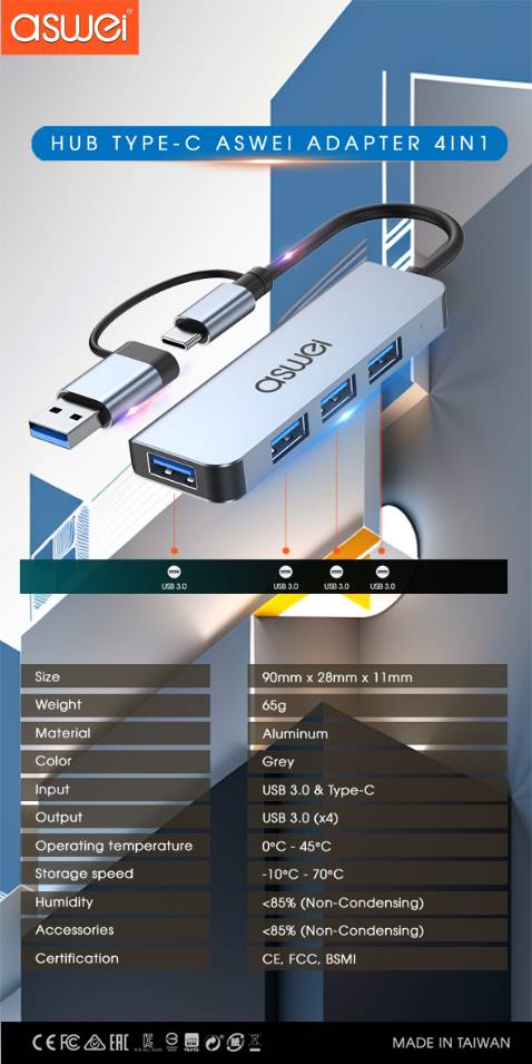 Vỏ nhôm chắc chắn, tốc độ truyền nhanh và ổn định.
Hub ASWEI có 2 đầu vào là USB và Type-C chuyển đổi 2 trong 1 rất tiện.
Nhỏ gọn, dễ sử dụng, độ hoàn thiện sản phẩm cao.
Thời gian sử dụng lâu, sản phẩm rất mát.
Giao hàng nhanh.Đóng gói cẩn thận.
Mình rất hài lòng về sản phẩm hub 4in1 này.Giá thành quá hợp lý. Nên dùng.