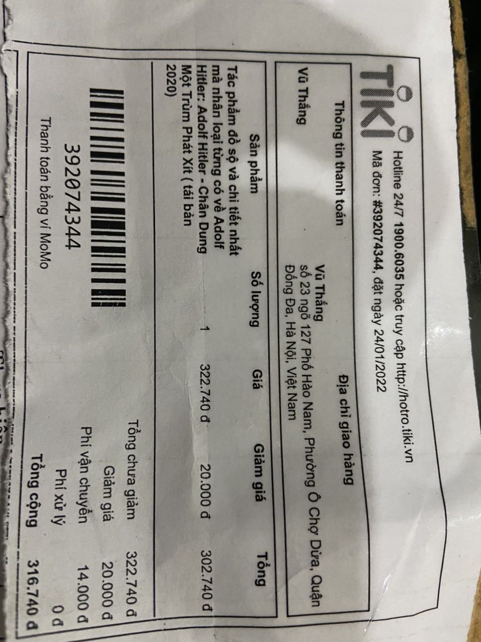 Giao hàng Tiki xem lại giúp đơn hàng 392074344, tại sao lại giao quyển vở mà không phải sách?