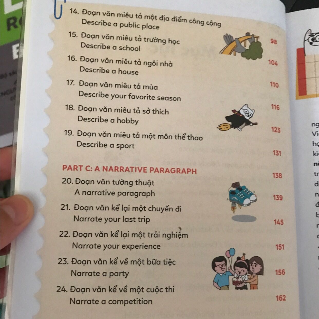 Đây là quyển sách hết sức cơ bản về kĩ năng viết. Phù hợp cho cả học sinh lẫn người lớn sử dụng ( trường hợp người lớn viết yếu). 
Hướng dẫn các giai đoạn của hình thành kĩ năng viết. 
Vì quyển sách là đưa ra các mấu chốt kĩ năng viết nên lượng bài tập không nhiều, không quá cụ thể đi sâu kĩ năng như các tài liệu viết khác. Nhưng có thể sử dụng để có cái nhìn tổng quan, học, ôn tập các bước viết. 
Về hình thái, quyển sách rất màu mè, từ bìa sách đến các trang giấy. Tạo cảm giác như học một quyển sách của học sinh cấp 1, nhưng nhờ vậy mà tạo ra cảm giác rất thích thú để đọc. 
Sách có phần giải đáp án. Đáp án ngắn gọn, không quá chi tiết như các đầu sách ôn thi khác.