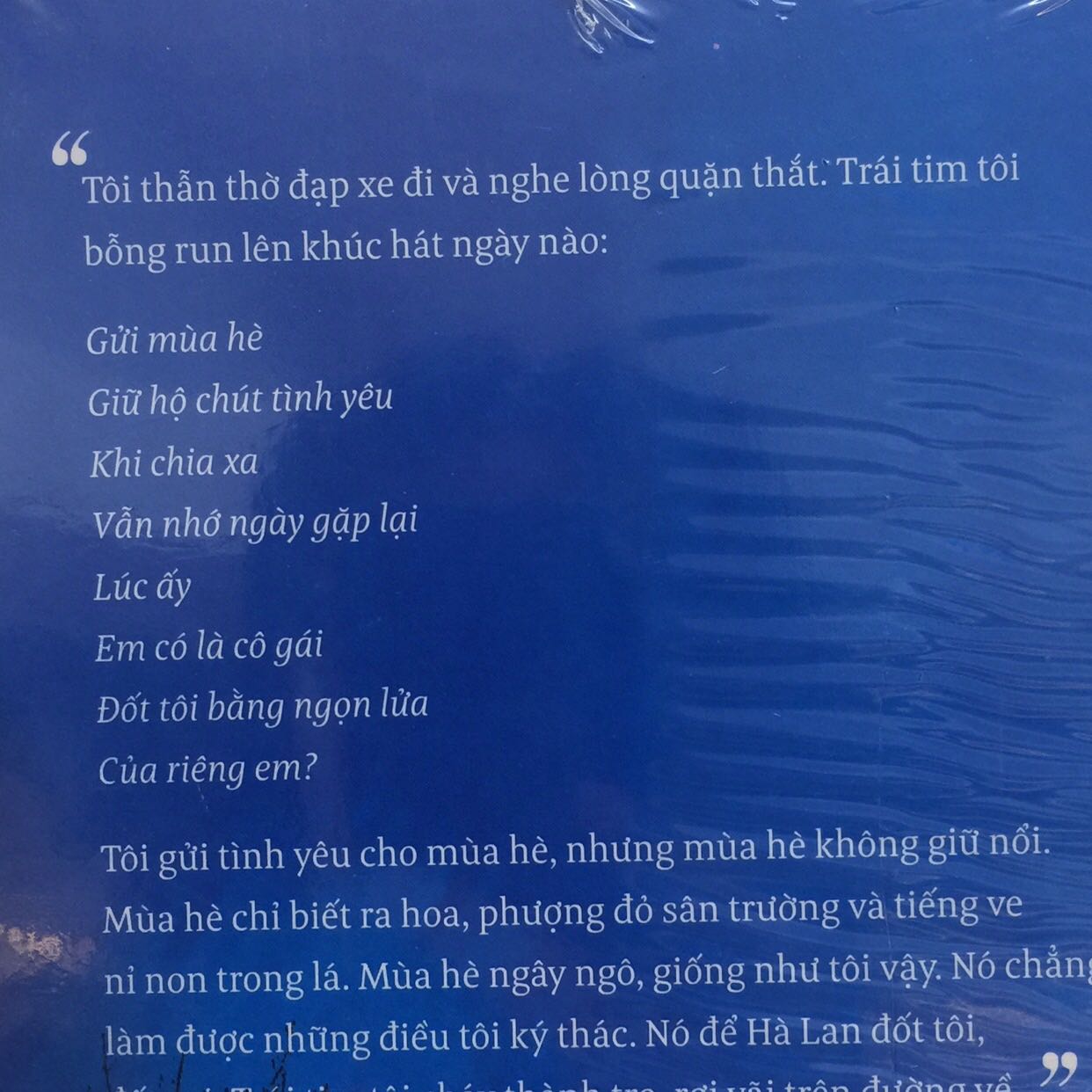Sách được bọc cẩn thân, mình khá thích phim mắt biếc, bây giờ mới có cô hội mua cuốn mắt biếc của nguyễn nhật ánh. Khi đọc sách ông, mình tuy là một người trẻ nhưng như có cái cảm giác được bước vào một thanh xuân tươi đẹp khác, cái thứ tình cảm biết là nó sẽ rất đau lòng nhưng vẫn muốn ở trong khoảnh khắc đó