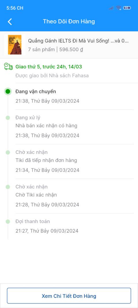 Đặt hàng từ thứ bảy tuần trước đến chủ nhật tuần sau vẫn ko giao hàng, đơn hàng lúc nào cũng là đang vận chuyển mà hỏi thì chưa đóng gói hàng. Nhắn tin lúc nào cũng nói đang xử lý. Làm lơ để khách hàng tự gọi hủy đơn à