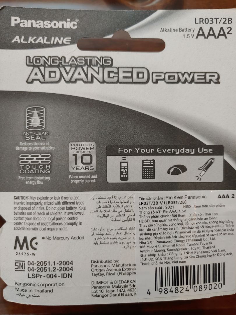 Giao hàng rất nhanh. Sản phẩm Pin chính hãng do Panasonic sản xuất và nhập khẩu phân phối bởi Panasonic Việt Nam. Lắp vào thiết bị remote sử dụng được ngay, ưu điểm của pin kiềm là thời gian tích điện và lưu giữ rất lâu (đến 10 năm); An toàn và không gây hại cho thiết bị. Ủng hộ Quý shop ở những sản phẩm tiếp theo. Mọi người nên tin dùng Pin Panasonic