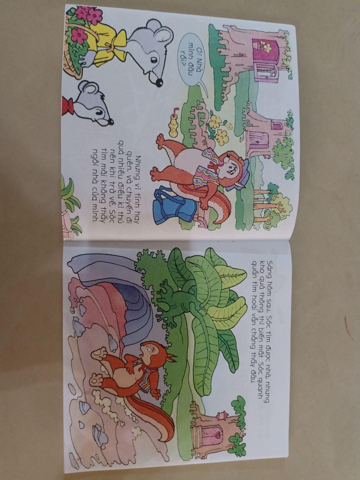 nội dung kể chuyện một chú sóc không nhớ đường về nhà, khá đơn giản, không thú vị lắm, hình ảnh hơi rối với quá nhiều chi tiết trong một trang sách, nhưng giá lại rất rẻ nên tạm hài lòng