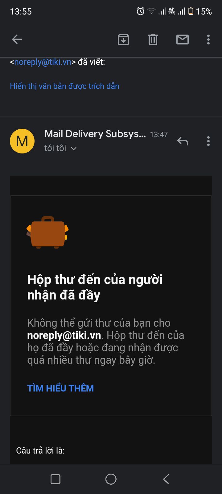 sản phẩm này mình chưa nhận được và mình có gửi email cho Tiki để xác nhận nhưng mình gửi chưa được với lý do là "email Tiki đã đầy hoặc là nhận quá nhiều thư cùng lúc. khi nào nhận được hàng và dùng thử mình sẽ đánh giá lại. tạm thời mình đánh giá cho bạn 1* để được đội ngũ chăm sóc khách hàng Tiki xem xét và hổ trợ giải quyết cho mình. mình cảm ơn shop, Tiki vàđội ngủ giao hàng. sản phẩm này mình chưa nhận được và mình có gửi email cho Tiki để xác nhận nhưng mình gửi chưa được với lý do là "email Tiki đã đầy hoặc là nhận quá nhiều thư cùng lúc. khi nào nhận được hàng và dùng thử mình sẽ đánh giá lại. tạm thời mình đánh giá cho bạn 1* để được đội ngũ chăm sóc khách hàng Tiki xem xét và hổ trợ giải quyết cho mình. mình cảm ơn shop, Tiki vàđội ngủ giao hàng.