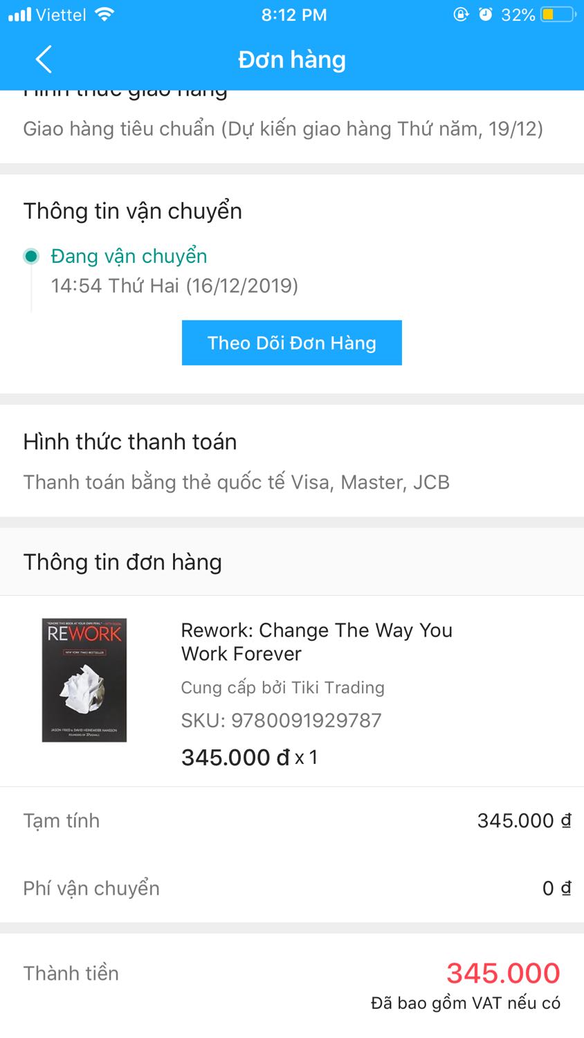 Tiki giới thiệu sản phẩm là hardcover, sách mới nhưng mình nhận được sản phẩm hoàn toàn khác: paperback, chất lượng giấy bên trong k tốt, bìa rất cũ, bìa sách cũng k giống như giới thiệu luôn, cảm tưởng như bị *** vậy :). Mua sách Tiki đã nhiều, đặt hàng k cần check review, nhận hàng k cần check hàng nhưng lần này thất vọng thật sự. Sẽ cẩn thận hơn sau này và có thể cân nhắc việc mua hàng ở Tiki.