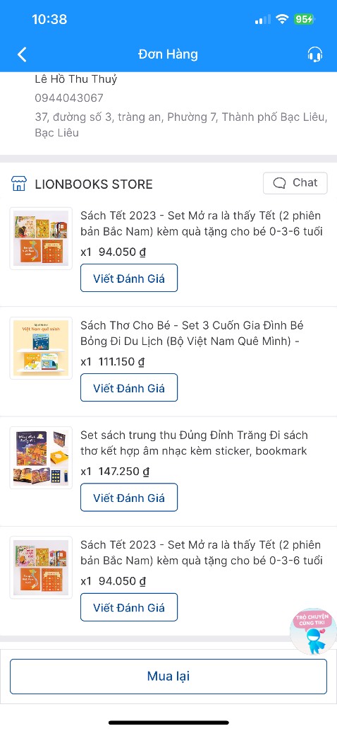 Giao nhầm sách cho mình. Mình đặt combo Việt Nam Quê Mình nhưng lại giao Gia đình bé bỏng (bộ này mình có rồi). Nhắn tin, chờ đợi mấy ngày trời không ai trả lời. 
Quá thất vọng với bên CSKH của Lionbooks