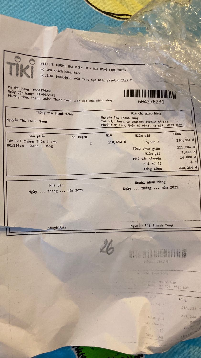 Mình đặt mua 2 tấm, nhưng giao có 01 tấm. Đã trả tiền 2 tấm