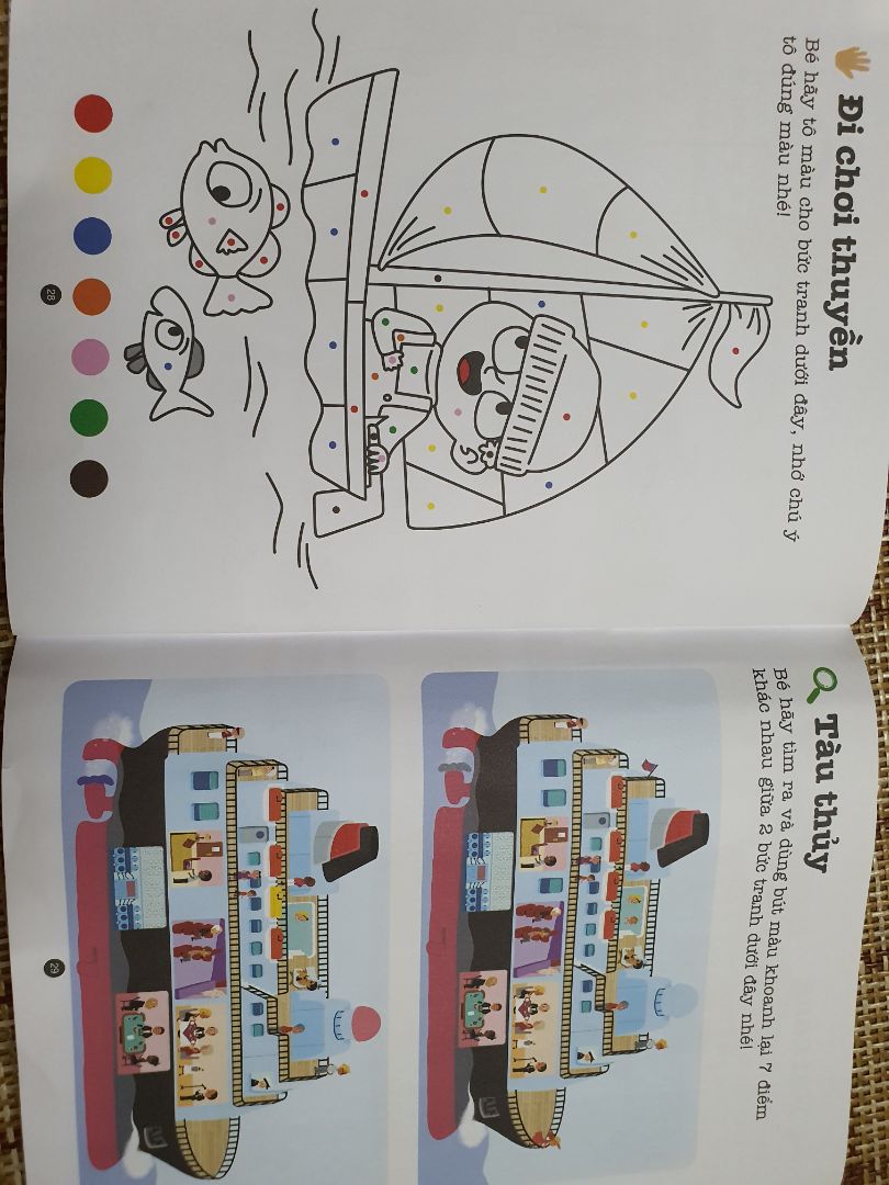 sách in màu đẹp lắm, trò chơi đa đạng, hay: tìm đường, tô màu, dán hình, tìm điểm khác nhau... bé mình gần 4 tuổi và thích chơi lắm.