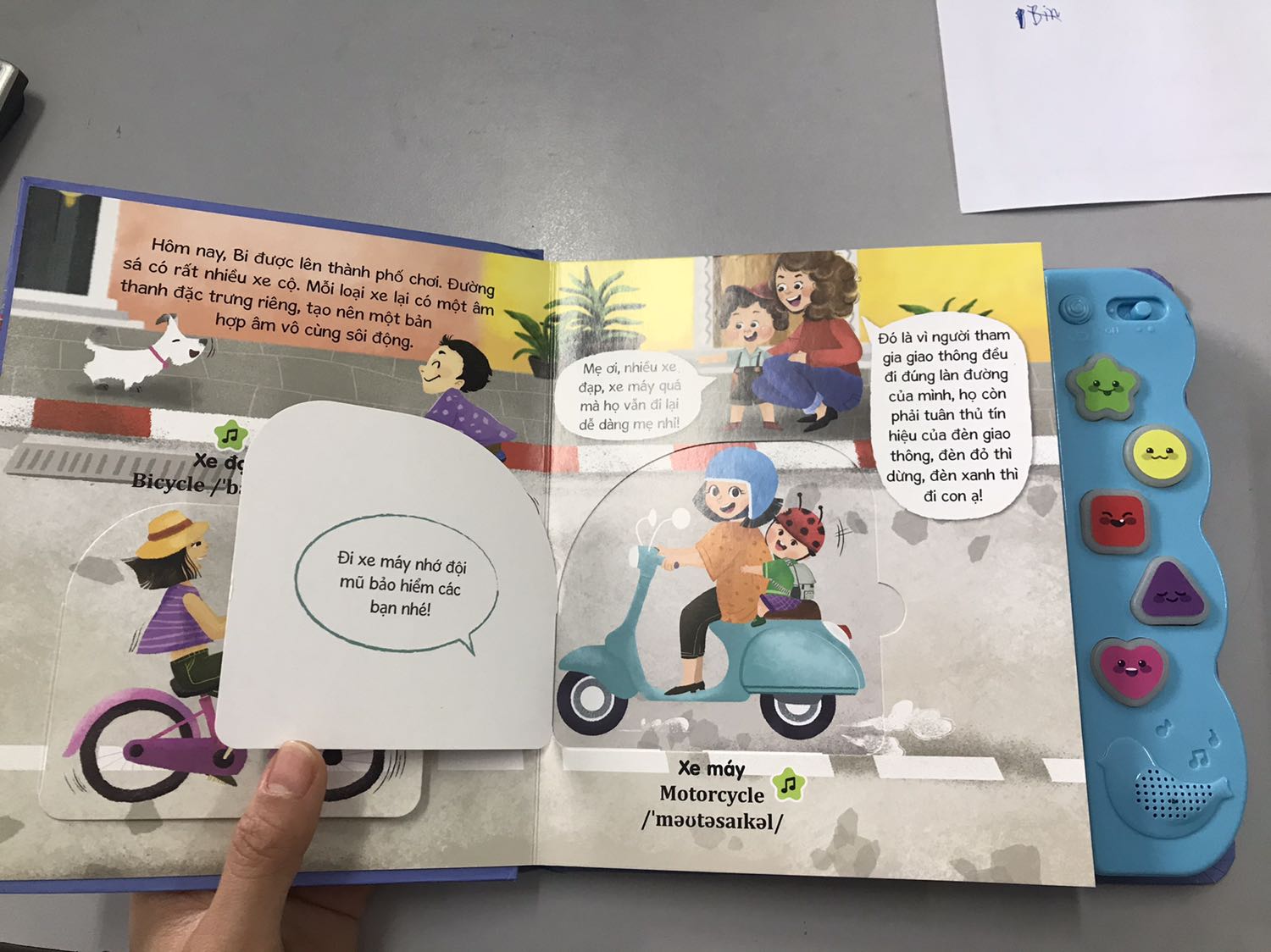 Sách gồm 5 trang, trang đầu tiên có lật giở, các từ vựng trong sách đều có cả tiếng anh và quan trọng hơn là có cả cách phát âm - đây là điều mà ít sách để tâm. Cạnh mỗi từ sẽ có biểu tượng tương ứng với nút âm thanh ở bên cạnh và sẽ được phát theo thứ tự. Âm thanh minh hoạ cũng rất chân thực. Điểm trừ là giá thành còn cao. Giá gốc là 199k mình mua được giá giảm nên thấy đỡ xót hơn