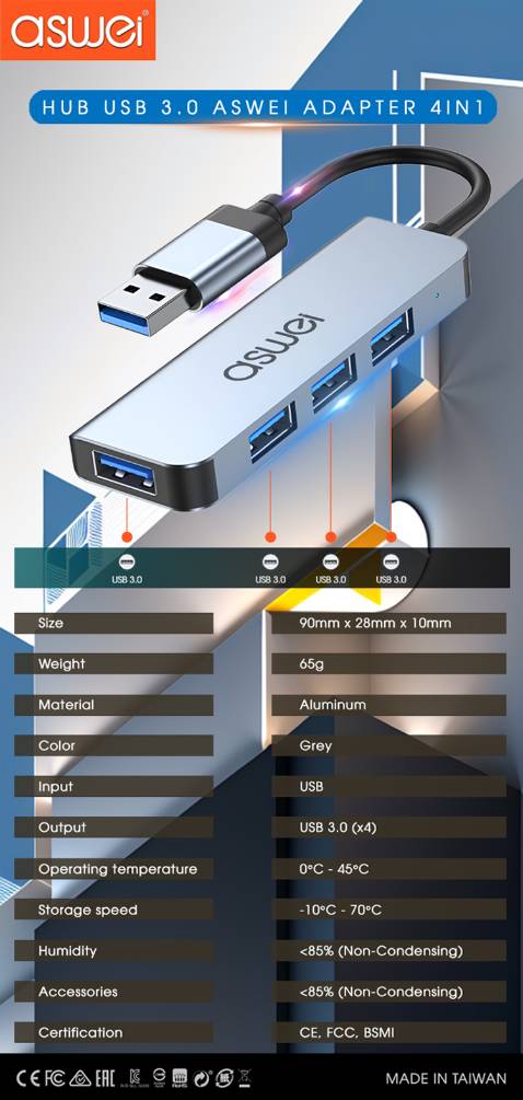 ✓ Hub Type-C ASWEI 4in1: Type-C To 4 USB 3.0
 •  Chất lượng cao với vỏ nhôm: Tản nhiệt tốt, bền chắc, mát trong khi sử dụng liên tục.
 •  Kết nối ổn định: Cổng USB chặt chẽ, tốc độ truyền nhanh, không bị trễ.
 •  Thời gian giao hàng nhanh, SP đóng gói cẩn thận, nhân viên thân thiện.
 •  Giá cạnh tranh: Giá thành rất tốt.
 •  Thiết kế tiện lợi: Kích thước nhỏ gọn, dễ cầm nắm, vỏ nhôm chắc chắn, chống va đập.
--> Hub chuyển đổi USB Type - C ASWEI 4 trong 1 nổi bật với chất lượng cao, thiết kế chắc chắn, tốc độ cao, ổn định và giá cả hợp lý. ✓ Hub Type-C ASWEI 4in1: Type-C To 4 USB 3.0
 •  Chất lượng cao với vỏ nhôm: Tản nhiệt tốt, bền chắc, mát trong khi sử dụng liên tục.
 •  Kết nối ổn định: Cổng USB chặt chẽ, tốc độ truyền nhanh, không bị trễ.
 •  Thời gian giao hàng nhanh, SP đóng gói cẩn thận, nhân viên thân thiện.
 •  Giá cạnh tranh: Giá thành rất tốt.
 •  Thiết kế tiện lợi: Kích thước nhỏ gọn, dễ cầm nắm, vỏ nhôm chắc chắn, chống va đập.
--> Hub chuyển đổi USB Type - C ASWEI 4 trong 1 nổi bật với chất lượng cao, thiết kế chắc chắn, tốc độ cao, ổn định và giá cả hợp lý.
