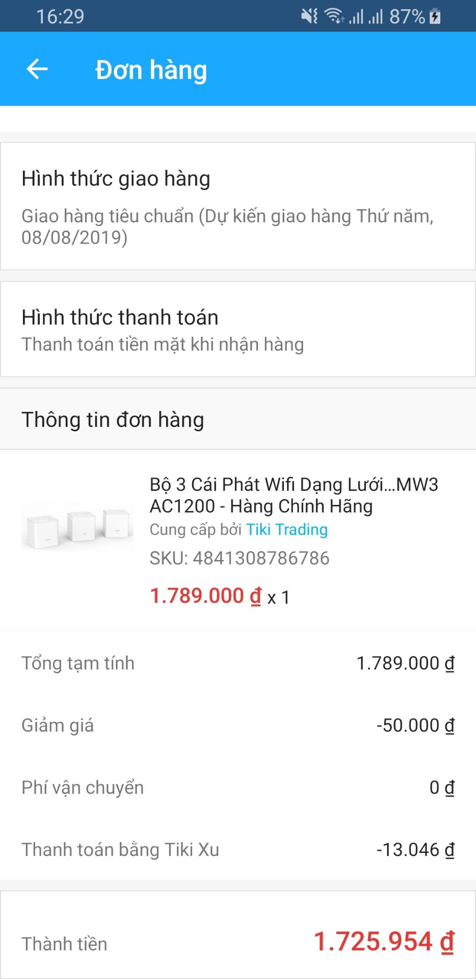 Mua được giá tốt 1tr726k sau khi áp mã và sử dụng tiki xu còn lại trong tk!tính ra chỉ đắt hơn 237k so với hàng xách tay nội địa rẻ nhất trên shopee giá 1tr489k 
Trải nghiệm ban đầu sóng full vạch 2 tầng lầu mọi ngóc ngách!mình để 1 cục ở tầng trệt phòng khách-2 cục ở 2 phòng ngủ đối diện nhau trên tầng 1!
Khi thử speed test thì cho tốc độ ổn định và cao nhất ở phòng ngủ của mình(node chính-84mbs) gắn mới moderm nhà mạng của viettel mình tắt wifi của cục viettel chuyển thành converter và set tenda là wifi chính!
2 node phụ 
1 node dưới phòng khách mình có đi dây lan sẵn tốc độ sụt xuống còn 55mbs
1 node mình để phòng ngủ đối diện phòng mình cách 10m không có dây lan chỉ cắm dây nguồn thì tốc độ còn khoảng 35-45mbs lâu lâu lên được 51mbs là hết cỡ
Tóm lại cũng ổn cho 1 hệ thống wifi mesh giá rẻ!lần đầu nên cho tiki 5 sao ủng hộ vì giá tốt tuy giao hàng còn hơi lâu!nhưng vẫn nhanh hơn so với lzd và shopee!