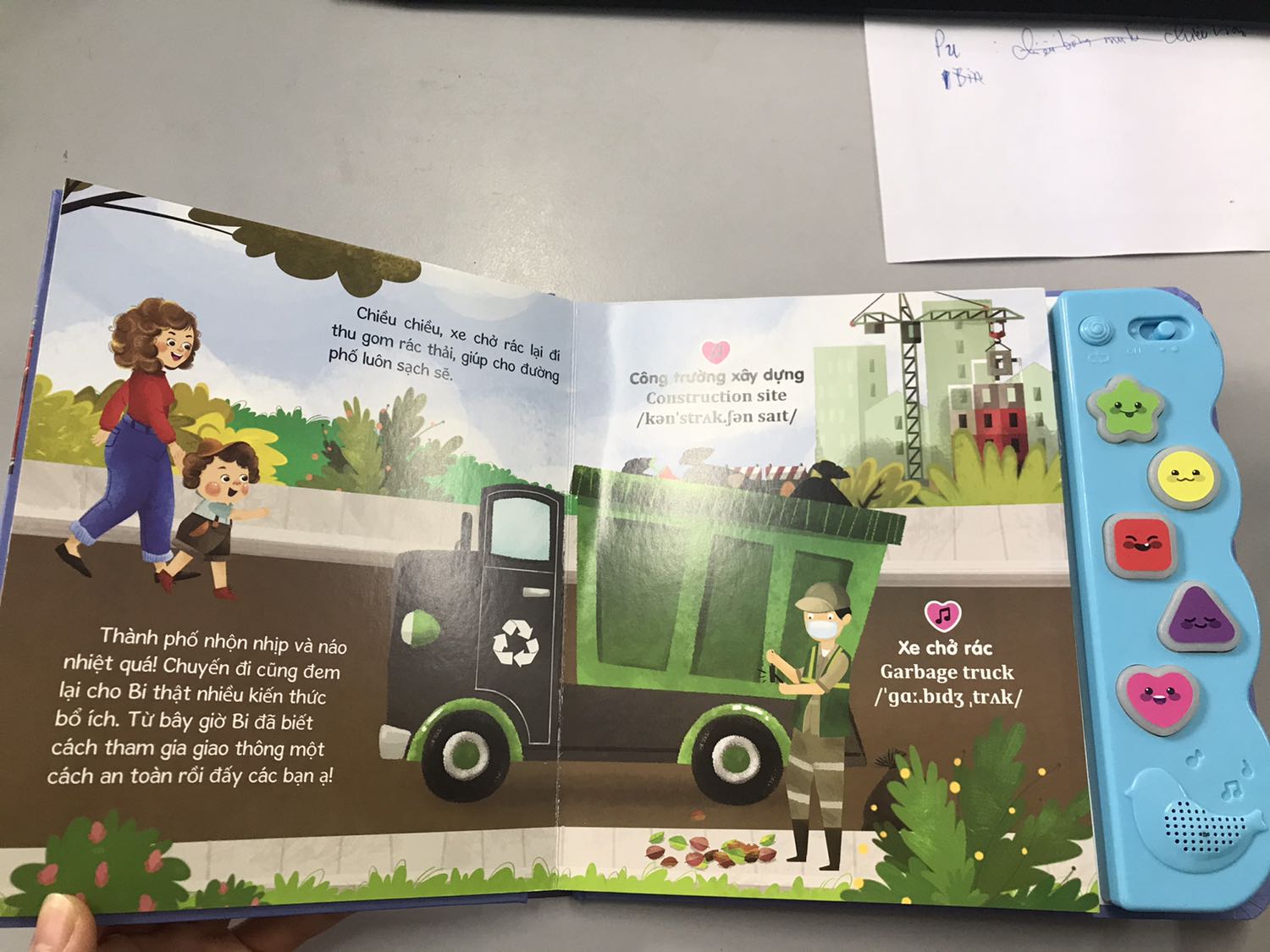 Sách gồm 5 trang, trang đầu tiên có lật giở, các từ vựng trong sách đều có cả tiếng anh và quan trọng hơn là có cả cách phát âm - đây là điều mà ít sách để tâm. Cạnh mỗi từ sẽ có biểu tượng tương ứng với nút âm thanh ở bên cạnh và sẽ được phát theo thứ tự. Âm thanh minh hoạ cũng rất chân thực. Điểm trừ là giá thành còn cao. Giá gốc là 199k mình mua được giá giảm nên thấy đỡ xót hơn