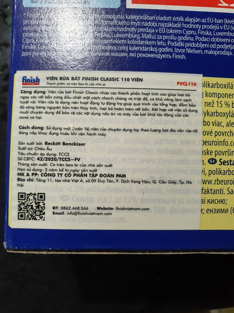 không bao giờ mua shop này nữa. viên rửa ko phải của finish việt nam phân phối. không có tem chống hàng giả. viên rửa bị bở và ngày in sản xuất phông bị lỗi. như kiểu hàng nhái. nhà mình dùng của finish việt nam phân phối. nên rất thất vọng về sản phẩm của shop