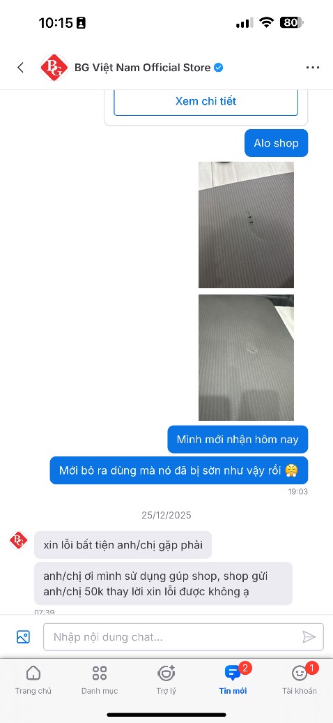 Hàng quá kém , nhắn tin phản hồi thì ko nhắn đc